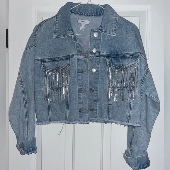 Forever 21 Rhinestone Fringe Denim Jacket - size small - Picture 3 of 4